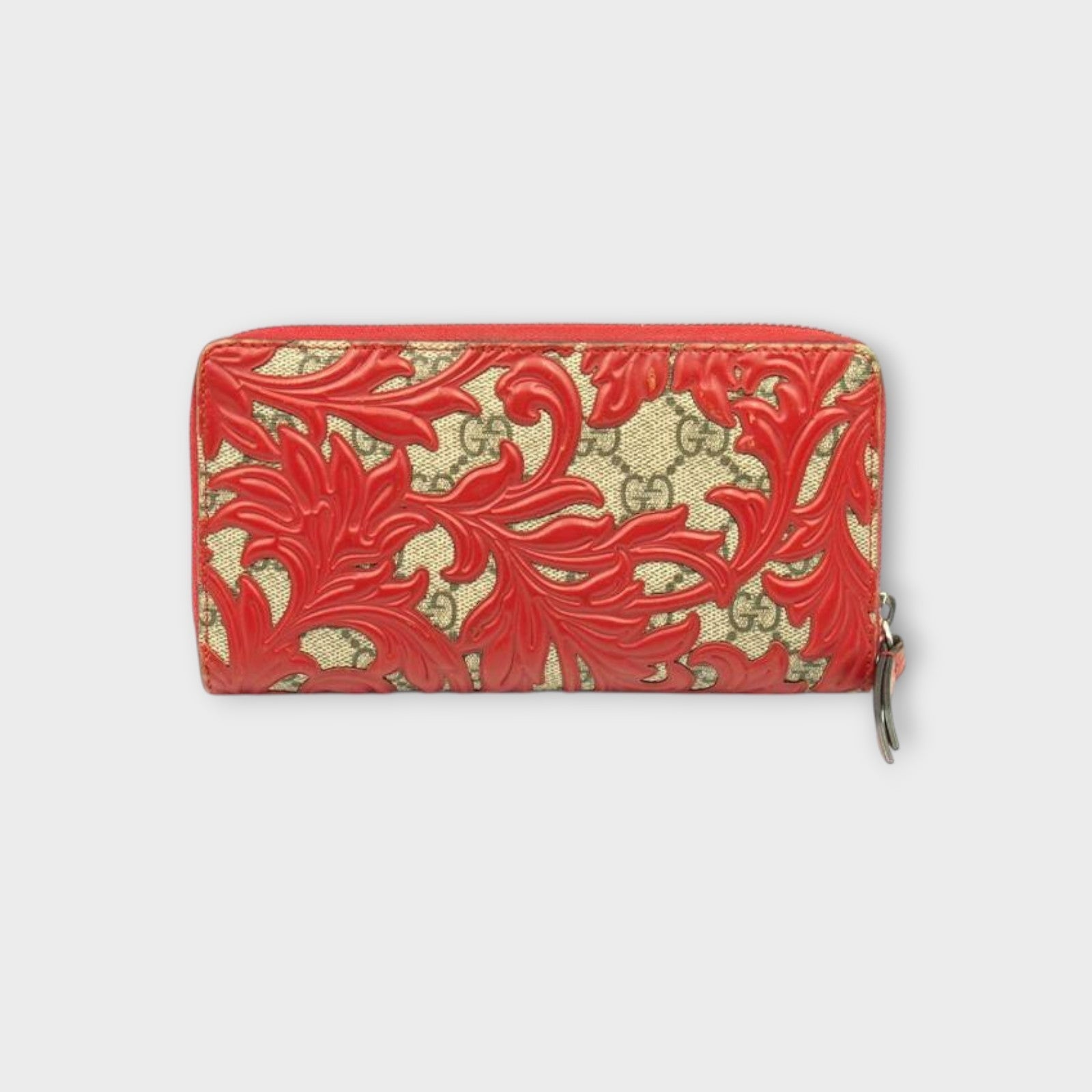 GUCCI Zip Around Arabesque Bag in Beige and Hibiscus Red GG Supreme
