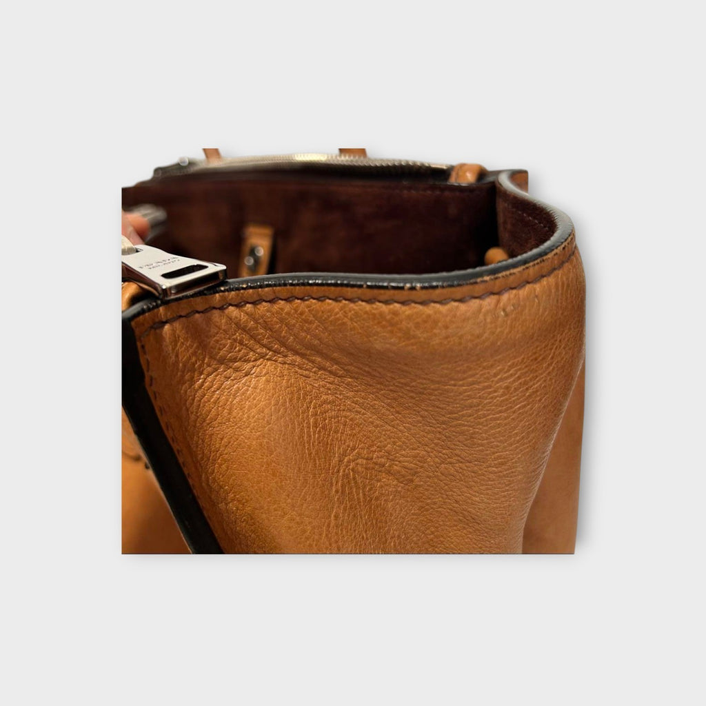 Prada Glacé Calf B2625M Brown Leather 2Way Handbag Silver Hardware 【B】