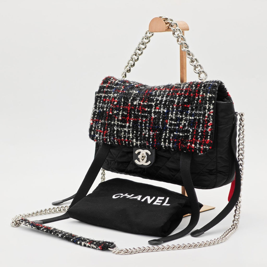 CHANEL Tweed Nylon Chain Shoulder Matelassé Handbag Black Women’s