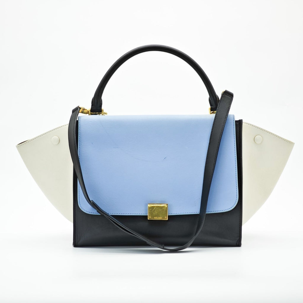 CELINE Trapeze Small 2-Way Handbag/Shoulder Bag Black Light Blue and Ivory