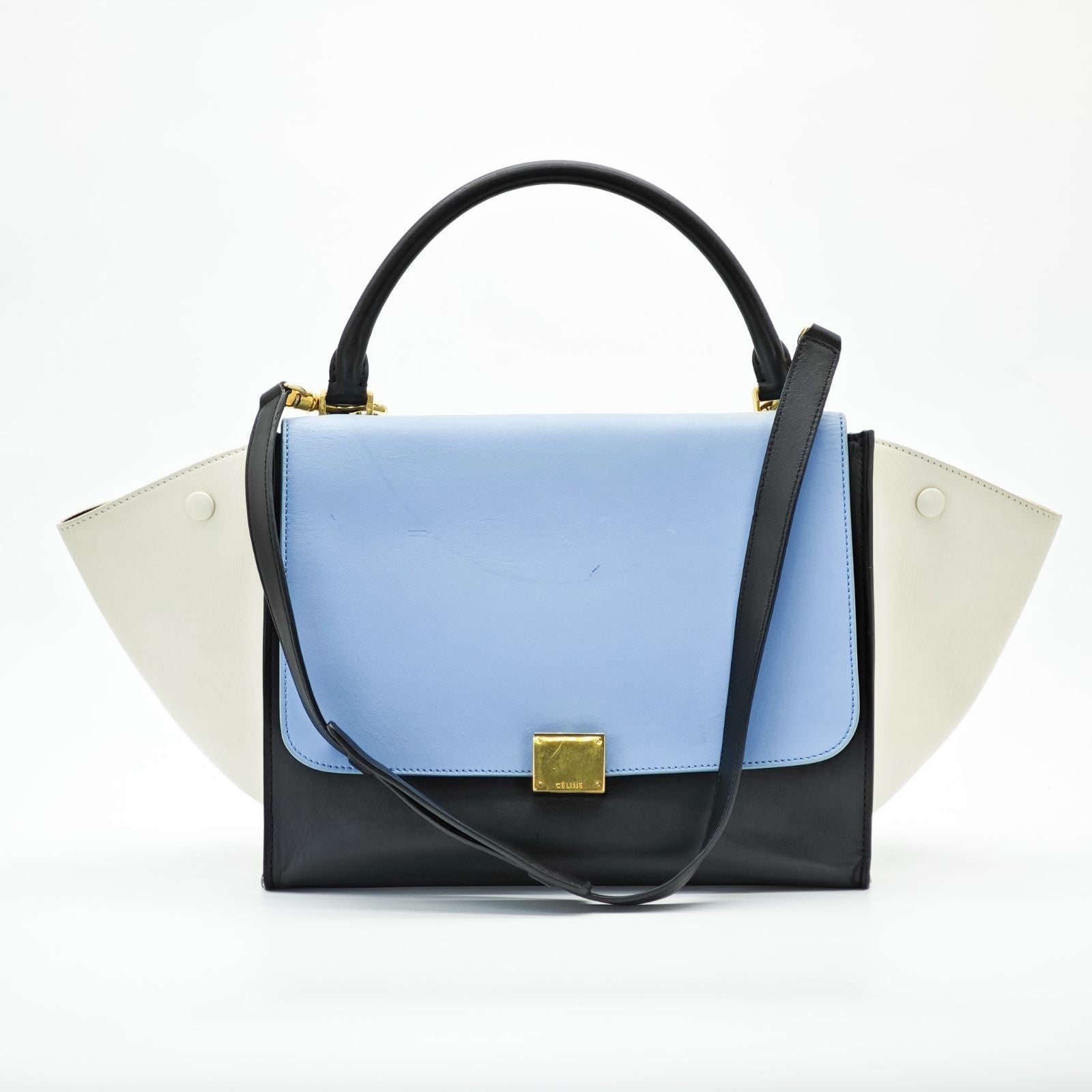CELINE Trapeze Small 2-Way Handbag/Shoulder Bag Black Light Blue and Ivory