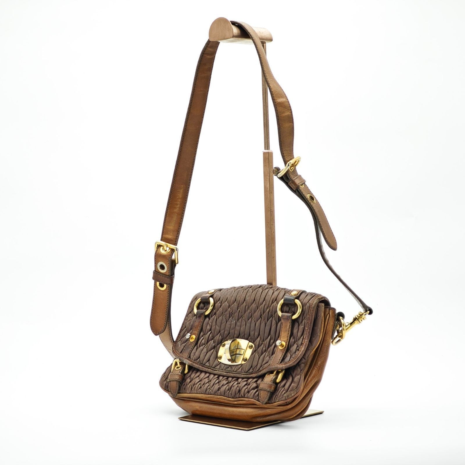 MIU MIU Nappa Croquet Matelassé Shoulder Bag Brown Unisex