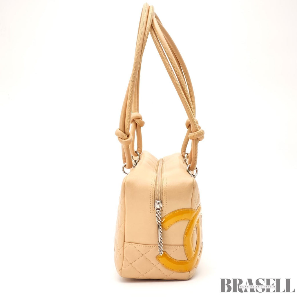 CHANEL Cambon Line Bowling Tote Bag Handbag Leather Beige with Warranty Card