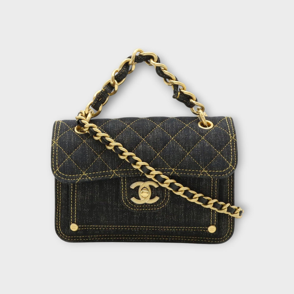 CHANEL Matelassé Coco Mark Chain 2-Way Handbag Denim & Leather Navy Blue AS4051