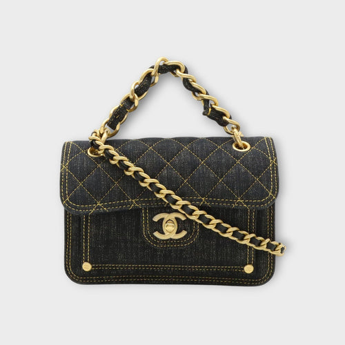 CHANEL Matelassé Coco Mark Chain 2-Way Handbag Denim & Leather Navy Blue AS4051