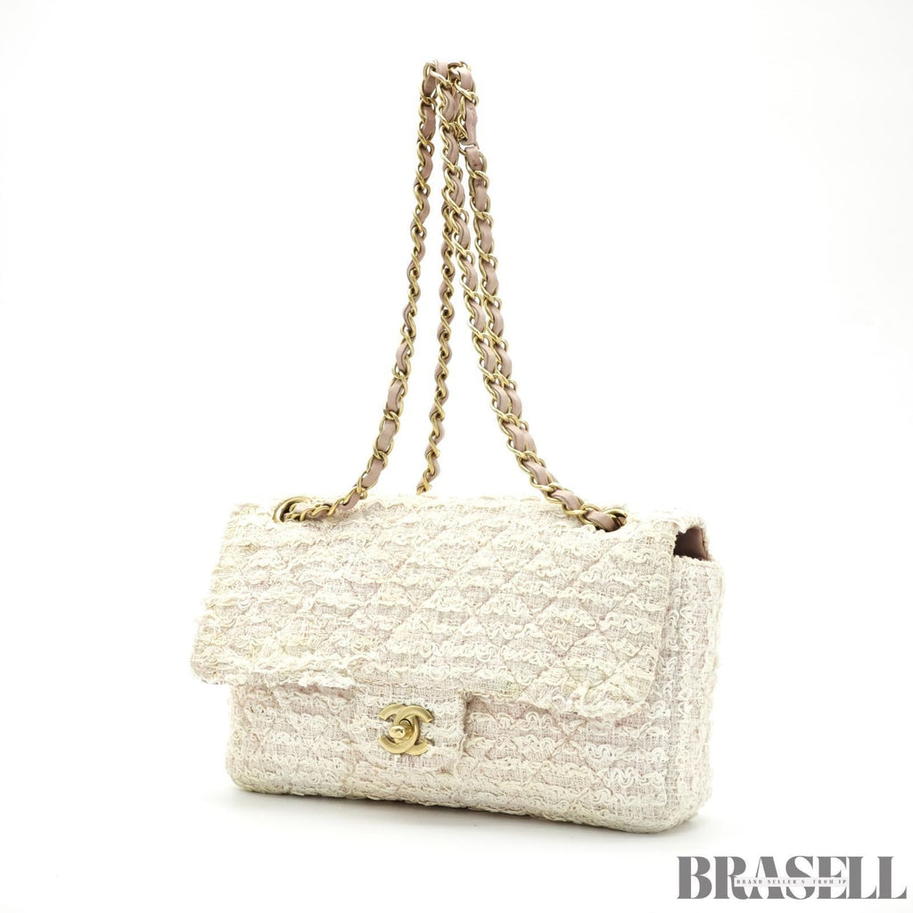 Chanel Matelassé Tweed Chain Shoulder Bag Pink White  Woman