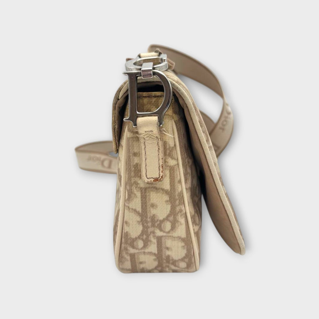 Dior Trotter Flower Embroidery Shoulder Bag CD Hardware Canvas Leather Beige 【B】