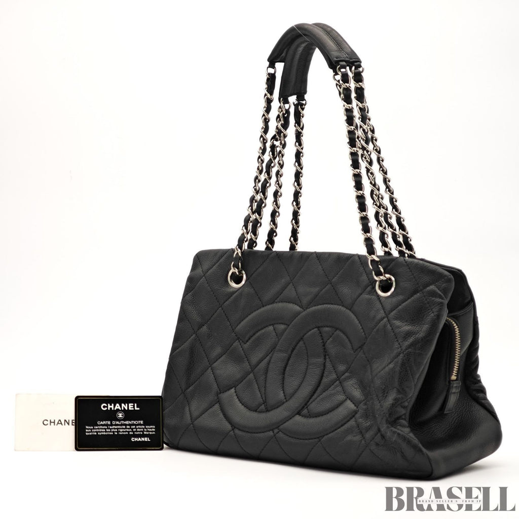 CHANEL Deca Coco Chain Tote Bag Black Caviar Leather Shoulder Bag Warranty Card