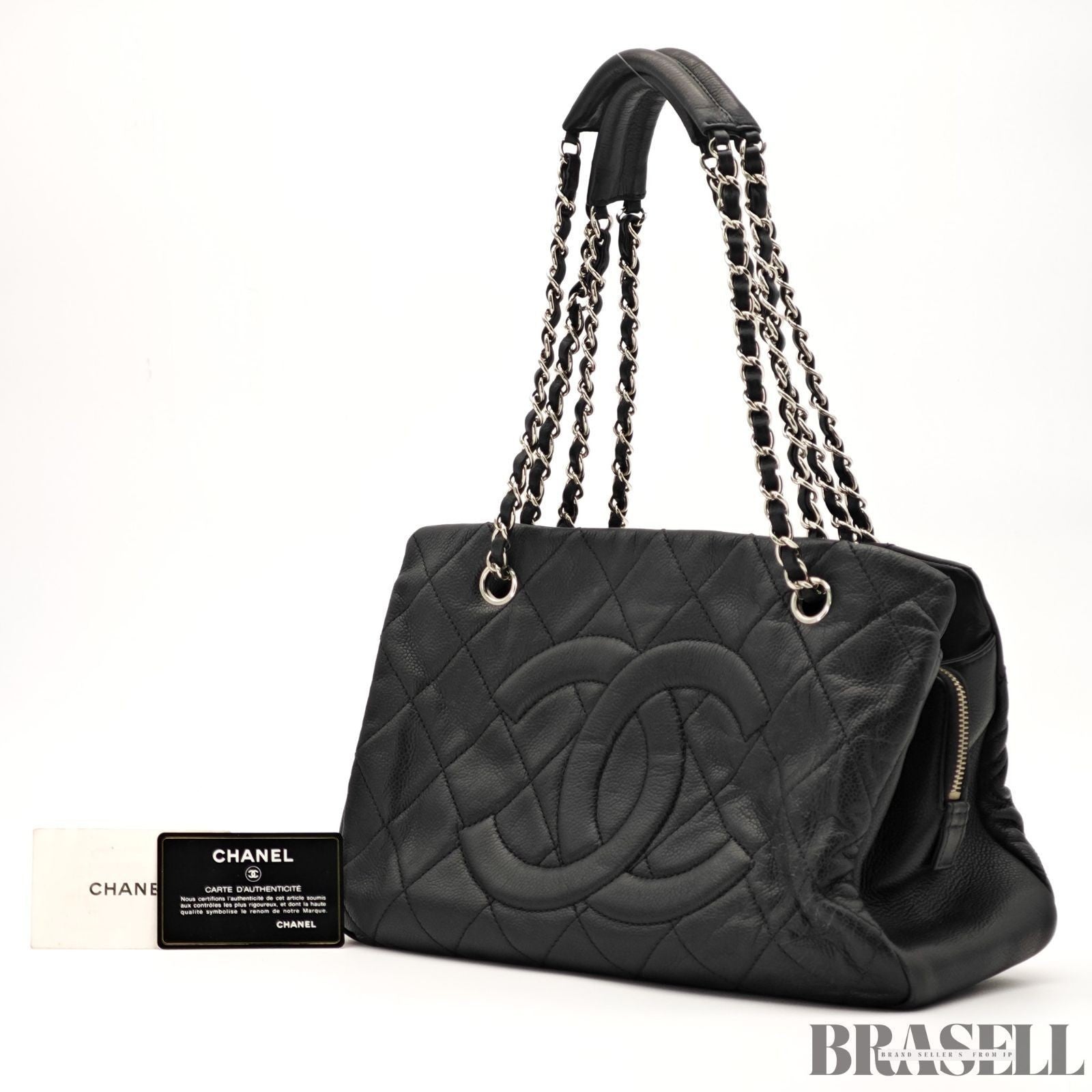 CHANEL Deca Coco Chain Tote Bag Black Caviar Leather Shoulder Bag Warranty Card