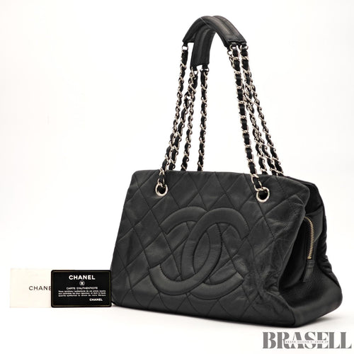 CHANEL Deca Coco Chain Tote Bag Black Caviar Leather Shoulder Bag Warranty Card
