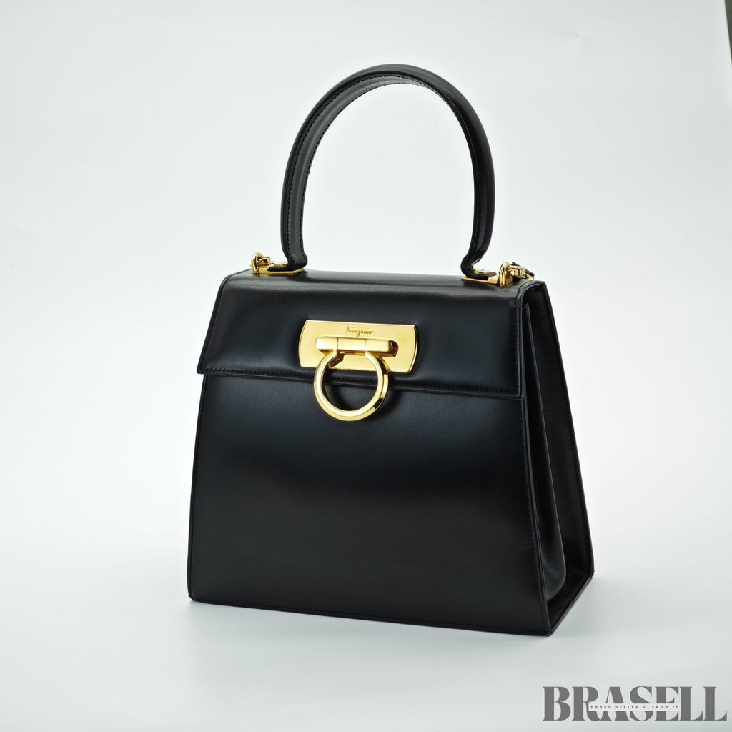 Salvatore Ferragamo Gancini Handbag with Flap Black color