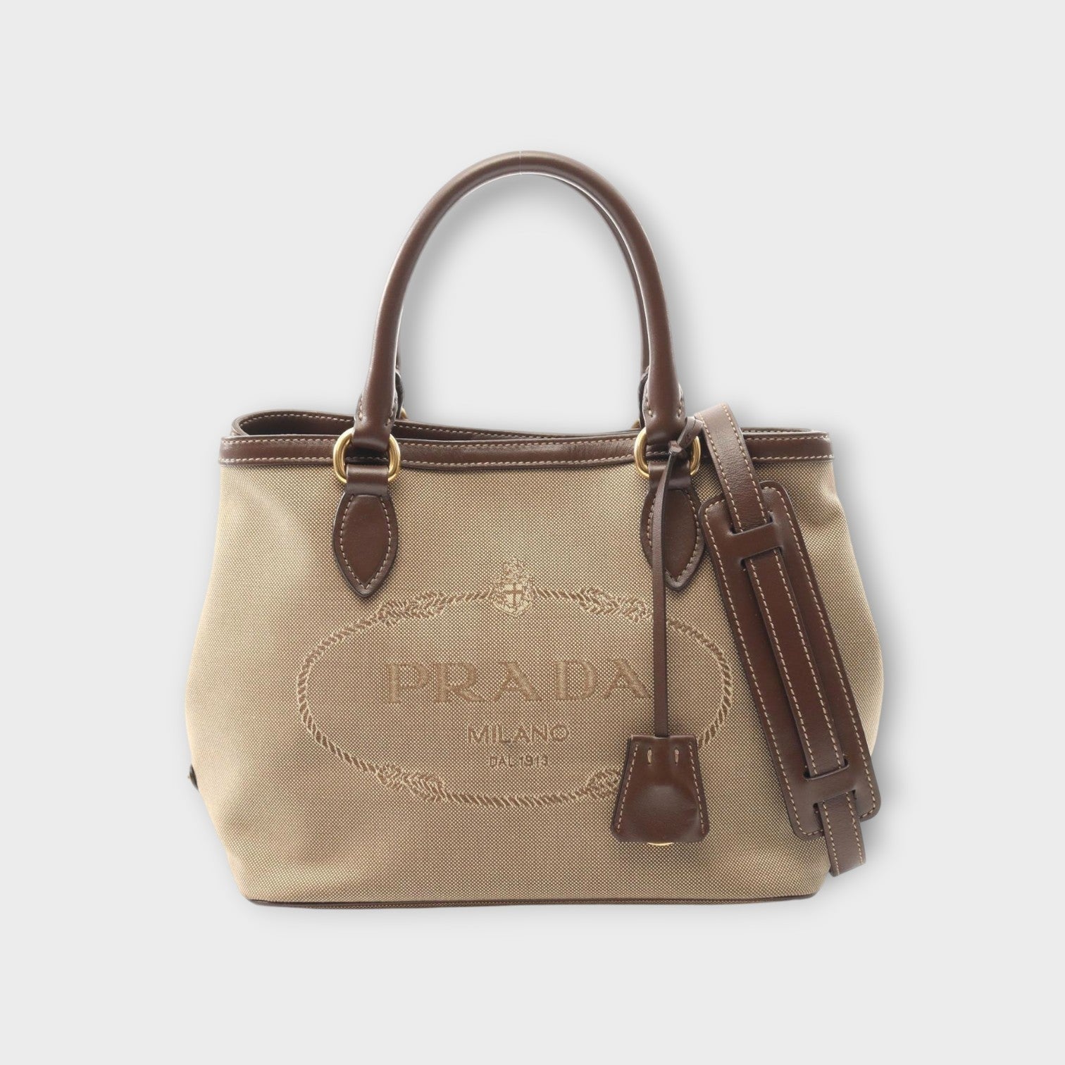 Prada Logo Jacquard Handbag Canvas Leather Beige Brown 1BA172 Gold Hardware 【A】