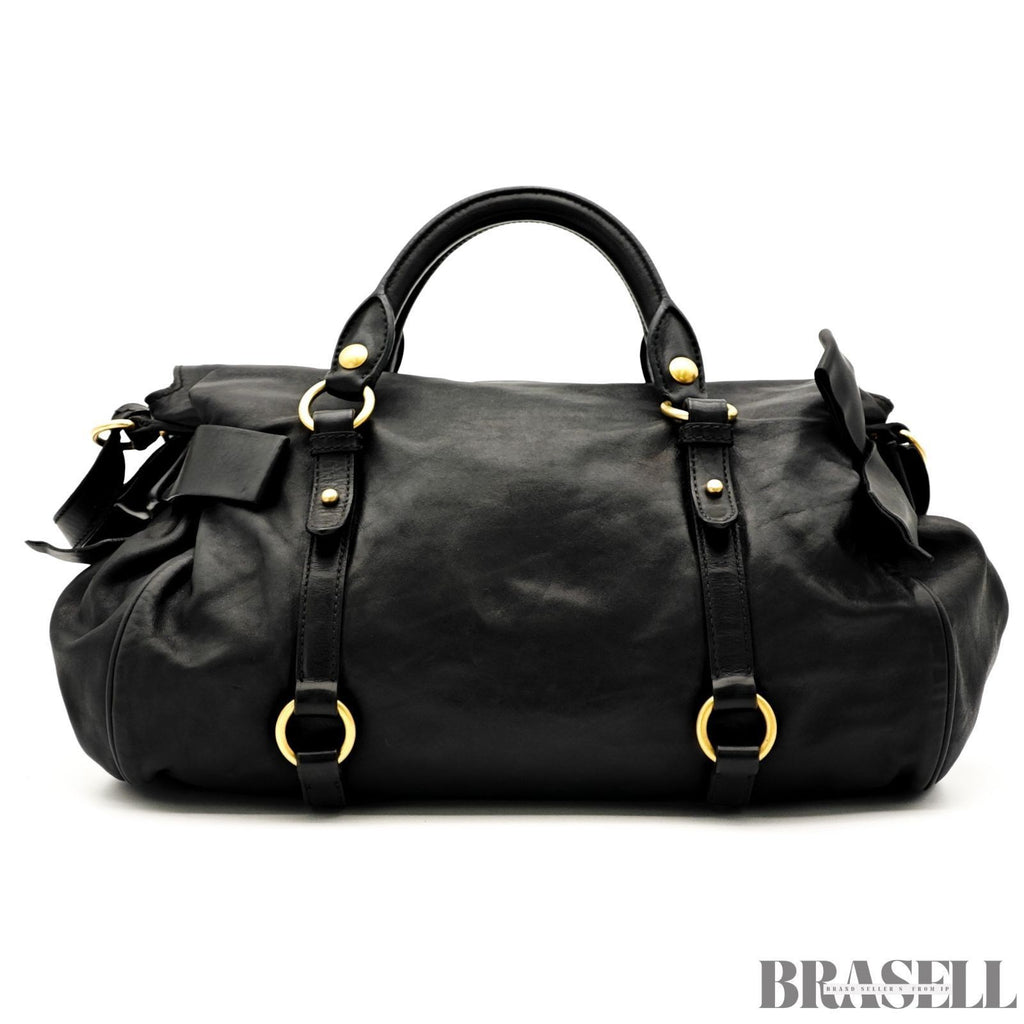 Miu Miu Ribbon 2Way Handbag Leather Black Shoulder Bag Woman Shoulder Strap