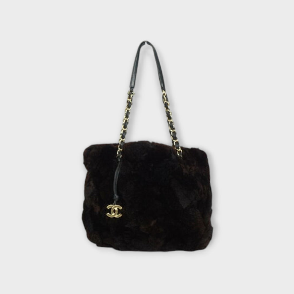 CHANEL Lapin Fur Shoulder Bag Rabbit Chain Bag Brown