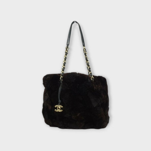 CHANEL Lapin Fur Shoulder Bag Rabbit Chain Bag Brown