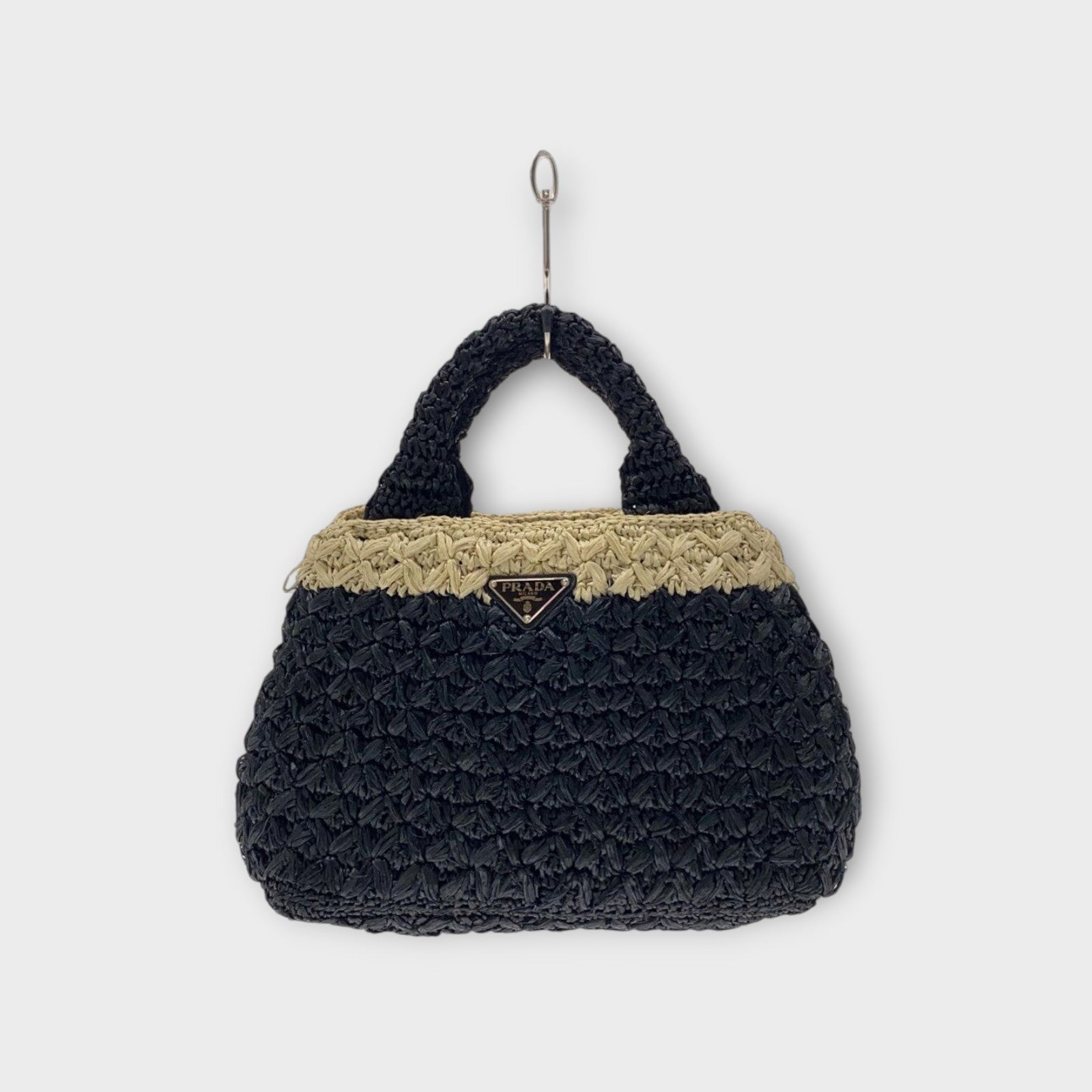 PRADA Raffia Tote Bag Shoulder Strap Bicolor Black Ivory