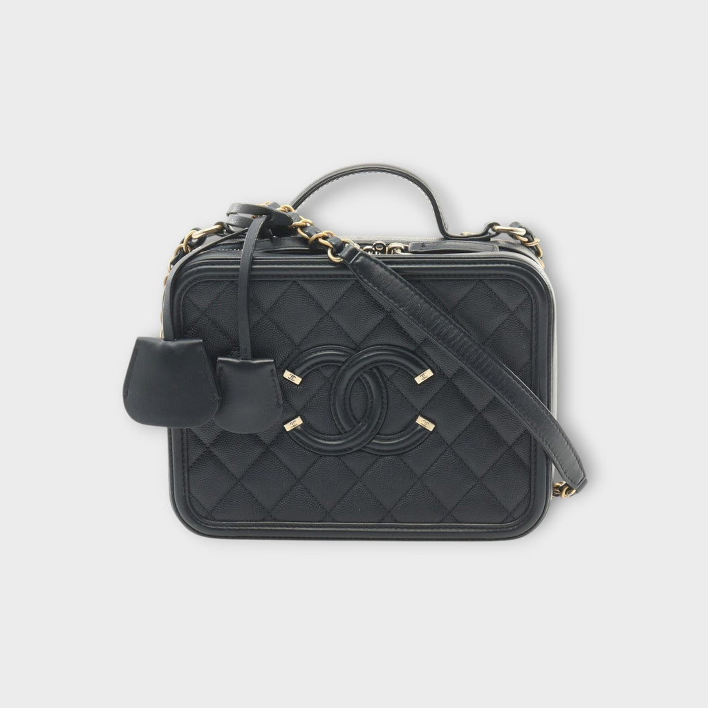 CHANEL CC Filigree Matelasse Shoulder Bag Navy Leather