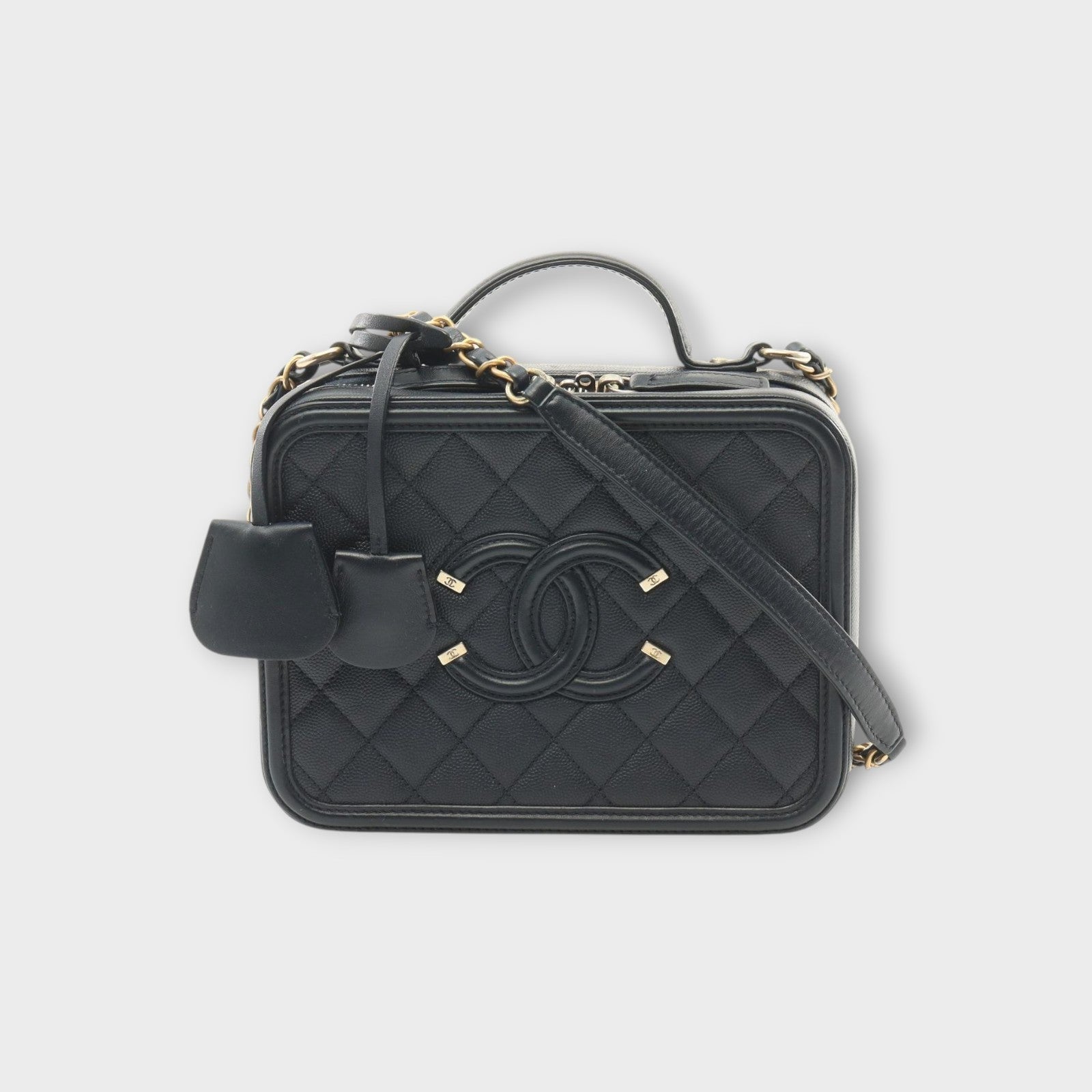 CHANEL CC Filigree Matelasse Shoulder Bag Navy Leather