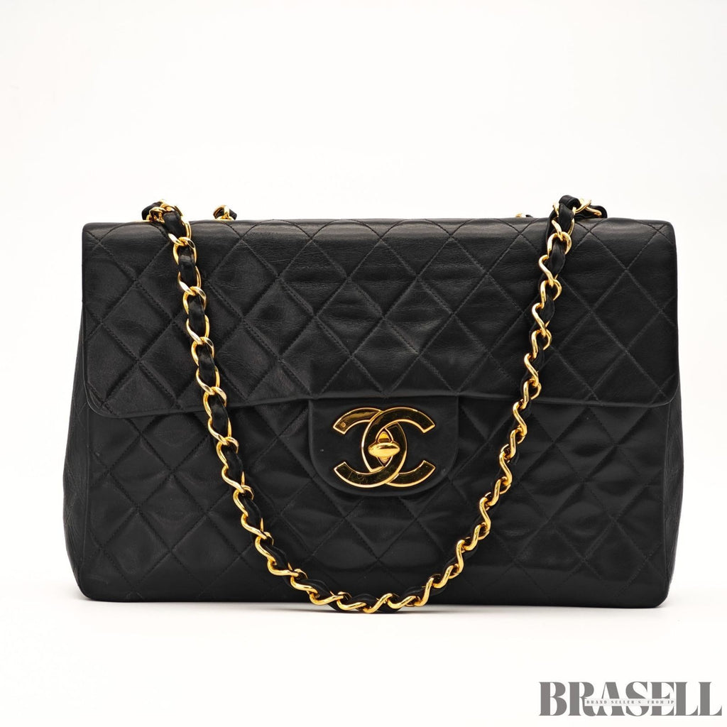 CHANEL Maxi Jumbo Matelasse Quilted Lambskin Chain Handbag Top Handle Bag Black