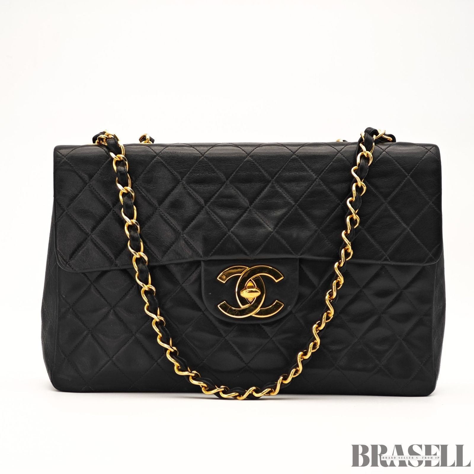 CHANEL Maxi Jumbo Matelasse Quilted Lambskin Chain Handbag Top Handle Bag Black