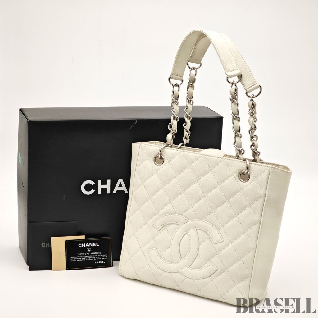 CHANEL Matelasse White Chain Tote Bag Handbag Caviar Skin w/ Box Authentic Card
