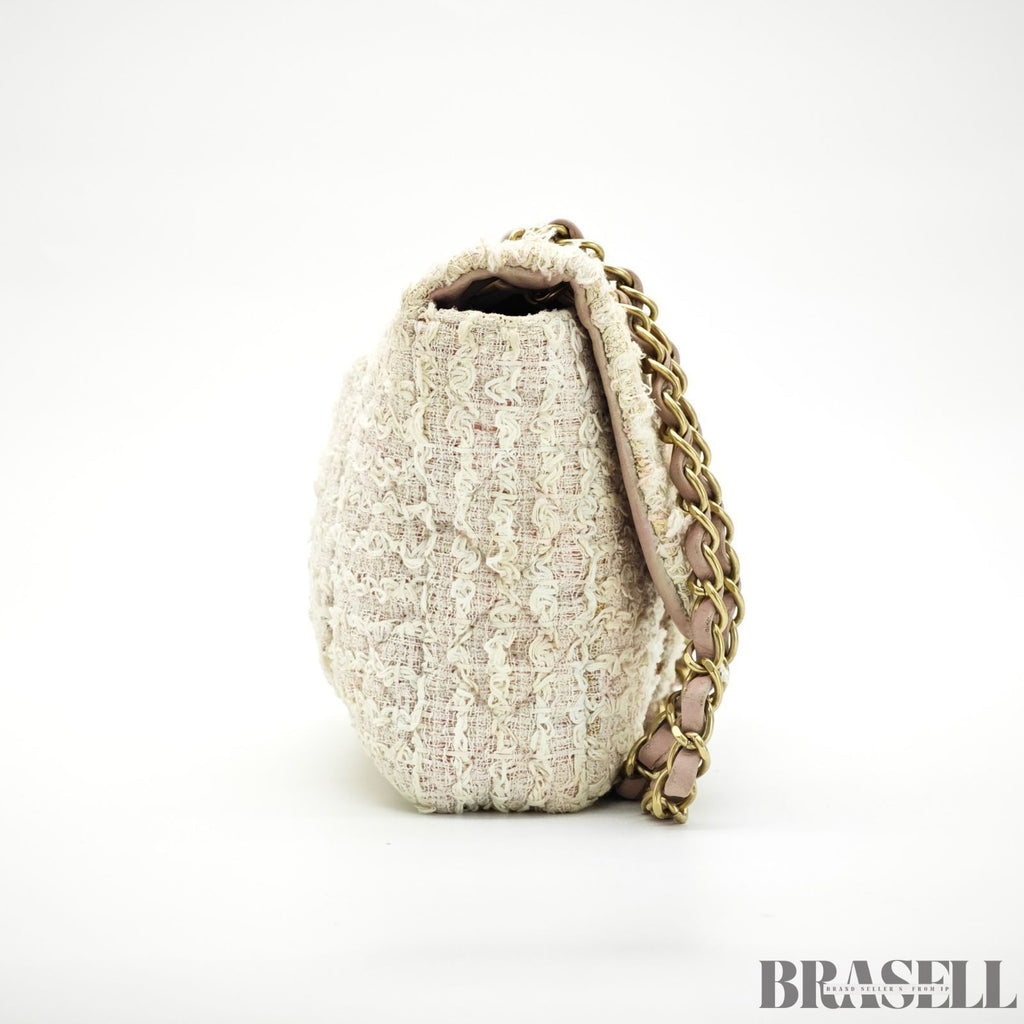 Chanel Matelassé Tweed Chain Shoulder Bag Pink White  Woman