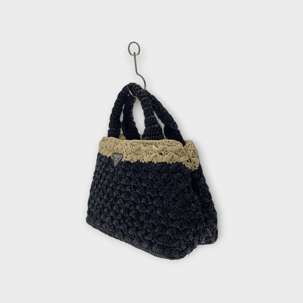 PRADA Raffia Tote Bag Shoulder Strap Bicolor Black Ivory