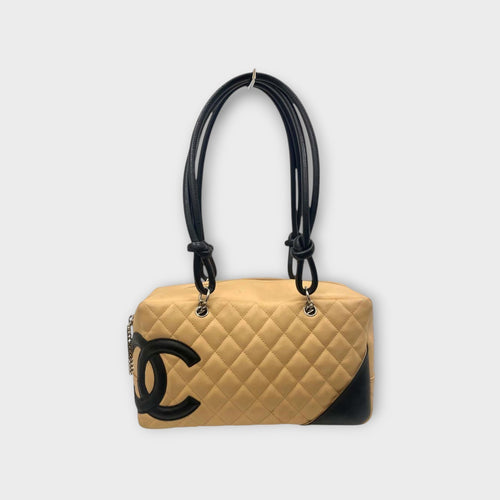 CHANEL A25171 Cambon Line Matelasse Bowling Bag Beige Black Handbag 【B】