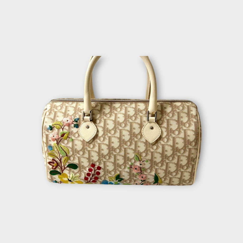 Dior Trotter PVC Leather Floral Handbag Tote Bag Beige Silver Hardware 【B】