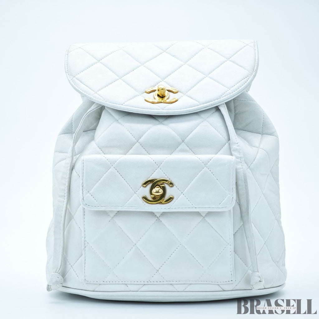 Chanel Matelassé Chain Backpack White Rucksack Bag Women Gold Hardware