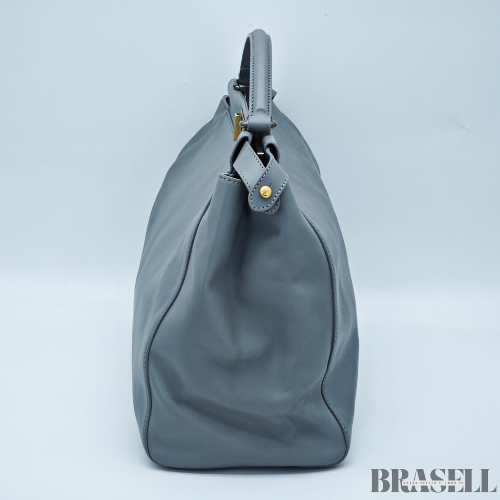 FENDI Peekaboo Large Gray Leather Handbag Shoulder Bag w/ Dust Bag Women's