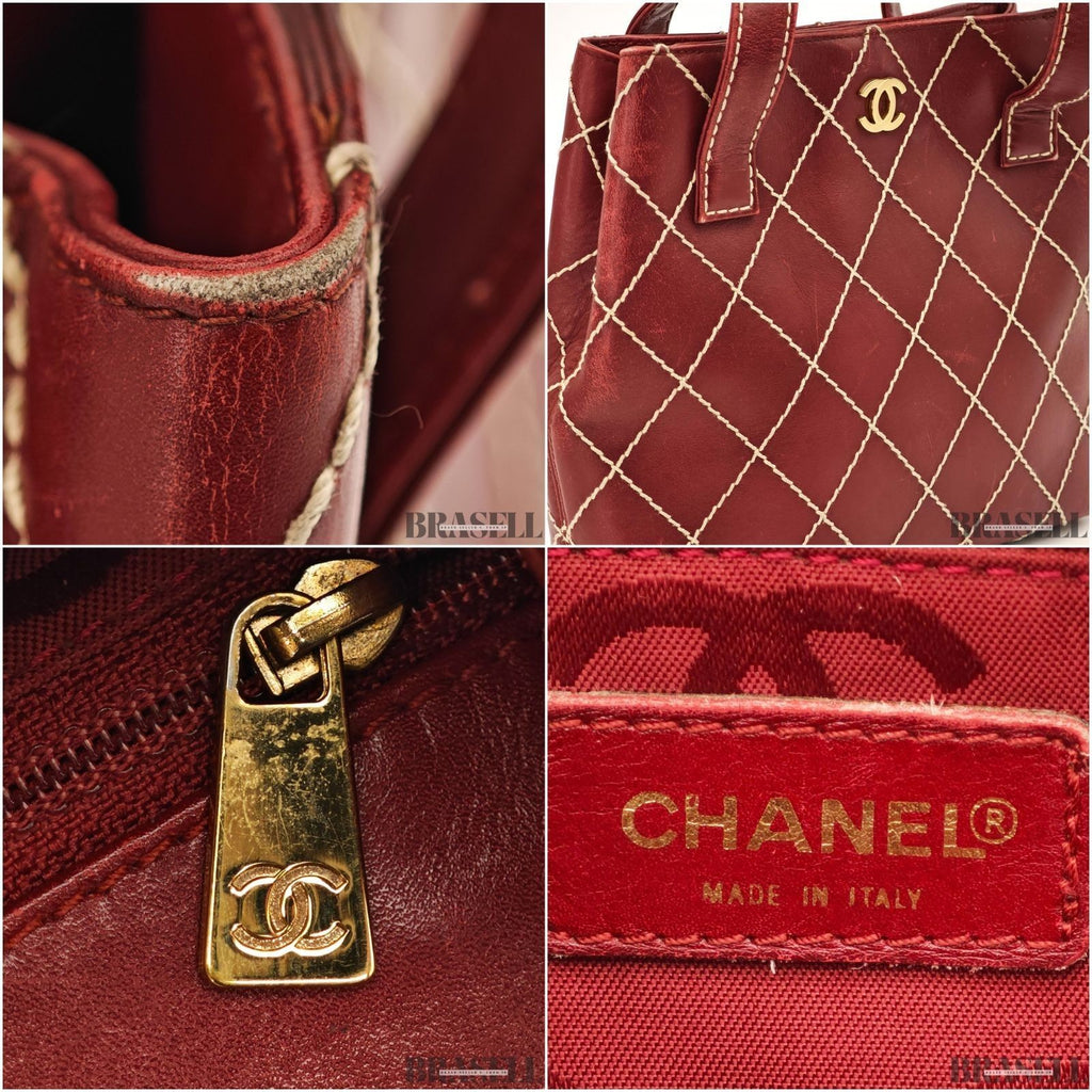 Authentic CHANEL Wild Stitch Tote Bag Handbag Leather Red Magnet Women