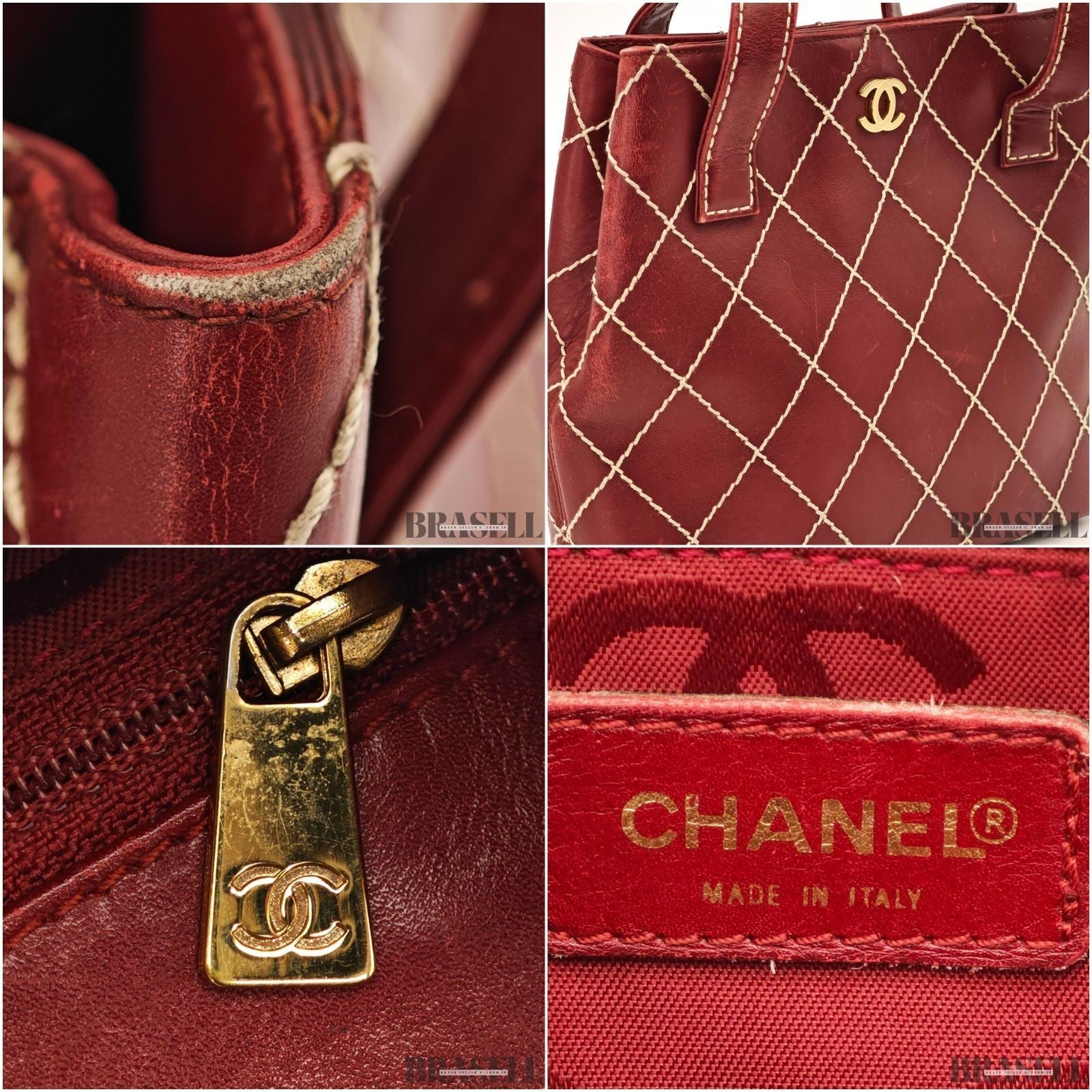Authentic CHANEL Wild Stitch Tote Bag Handbag Leather Red Magnet Women