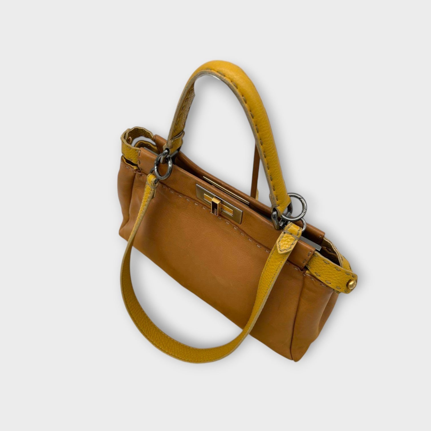 Fendi Selleria 2Way Handbag Shoulder Bag Leather Stitch Beige Yellow 【A】