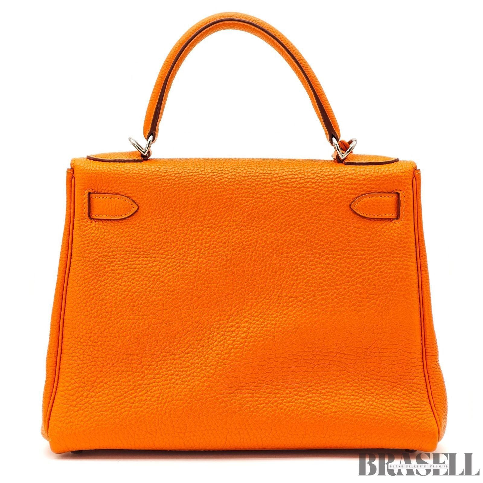 HERMES Kelly 28 Orange Silver Metal Taurillon Clemence 2way Handbag Shoulder Bag