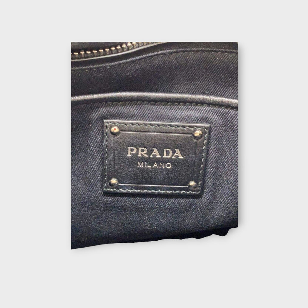 PRADA Raffia Tote Bag Shoulder Strap Bicolor Black Ivory