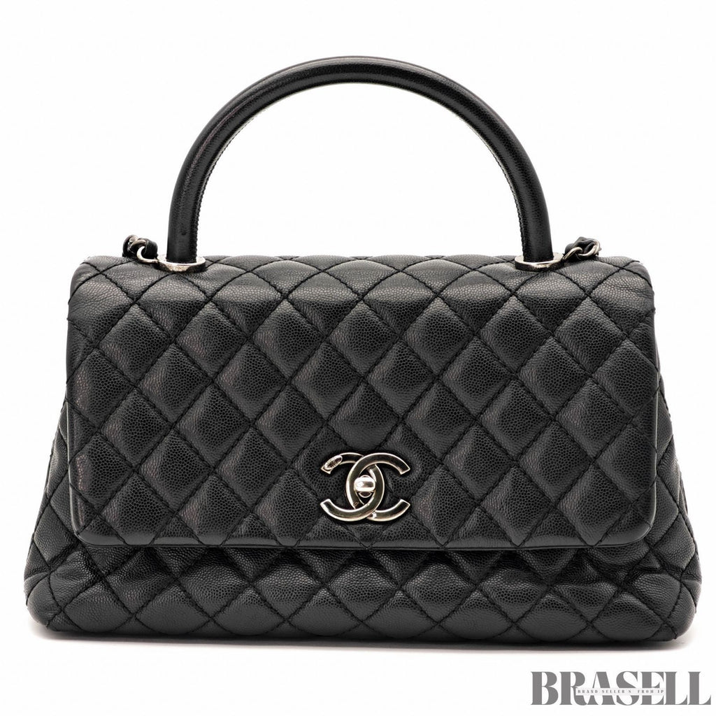 CHANEL Top Handle Matelasse 2Way Handbag Shoulder Bag Black Caviar Skin Women