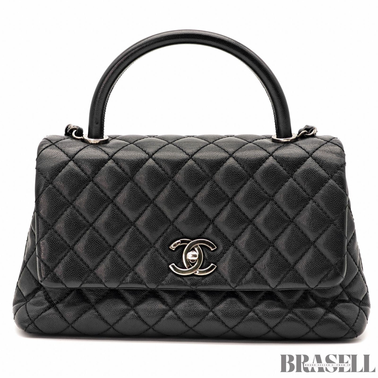 CHANEL Top Handle Matelasse 2Way Handbag Shoulder Bag Black Caviar Skin Women