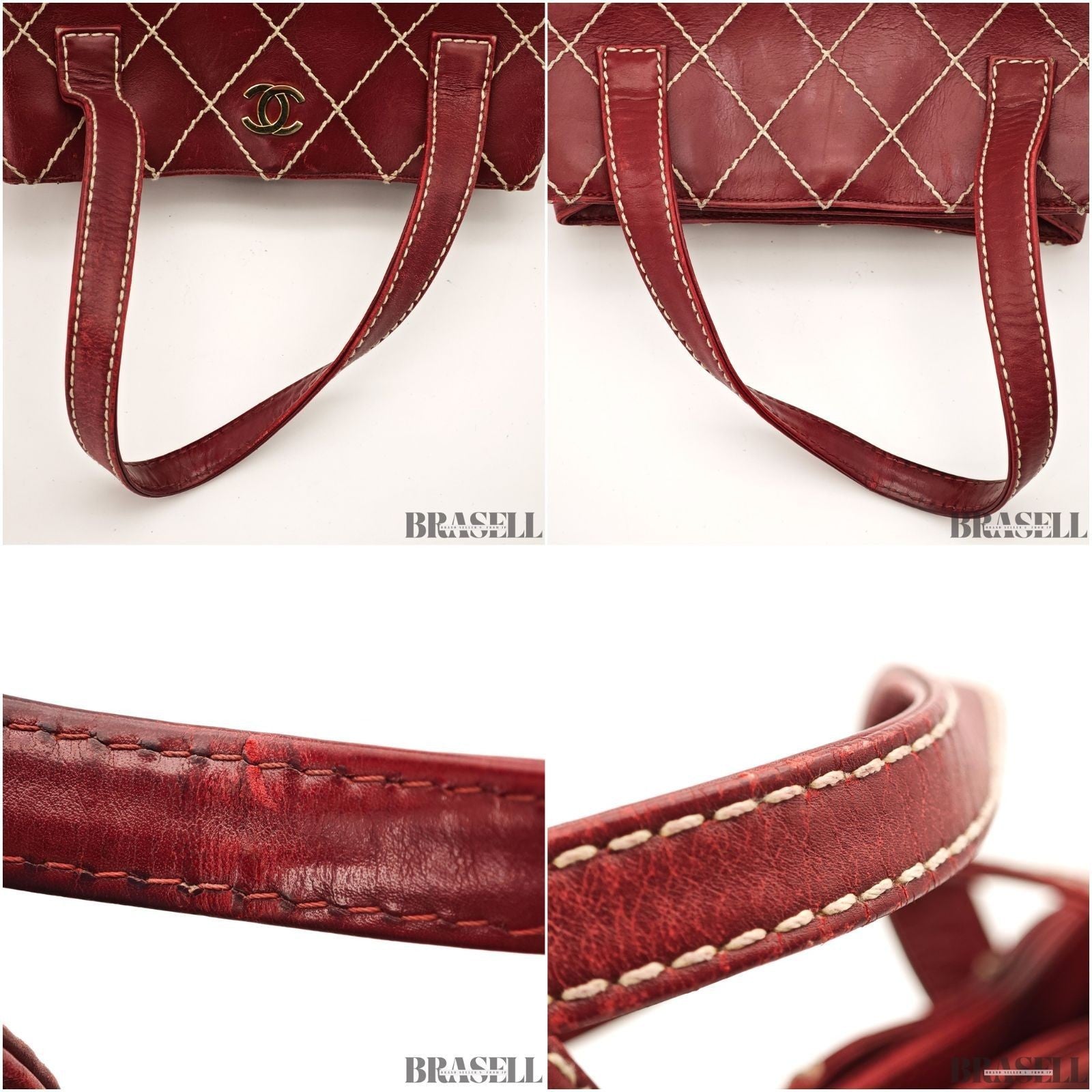 Authentic CHANEL Wild Stitch Tote Bag Handbag Leather Red Magnet Women