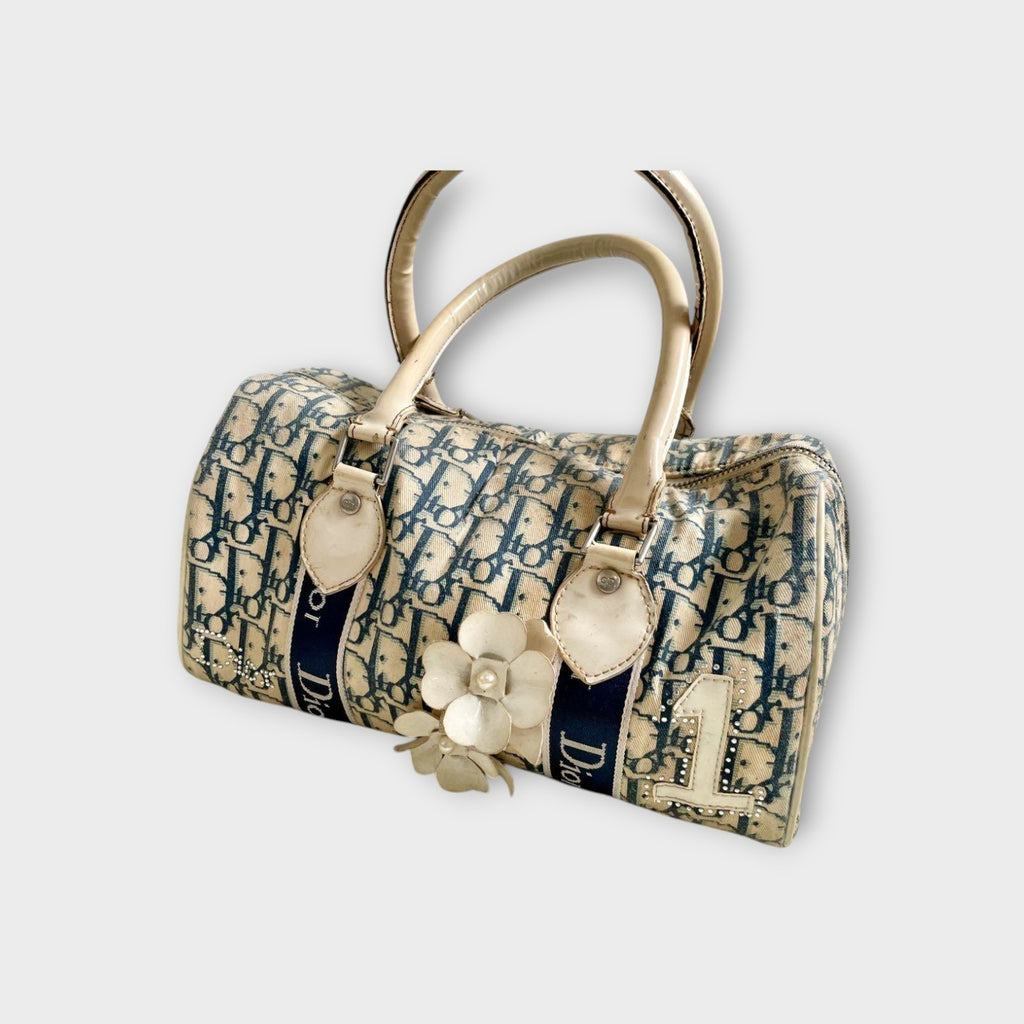 Christian Dior Trotter Flower Mini Boston Handbag Canvas Leather Navy Beige 【B】