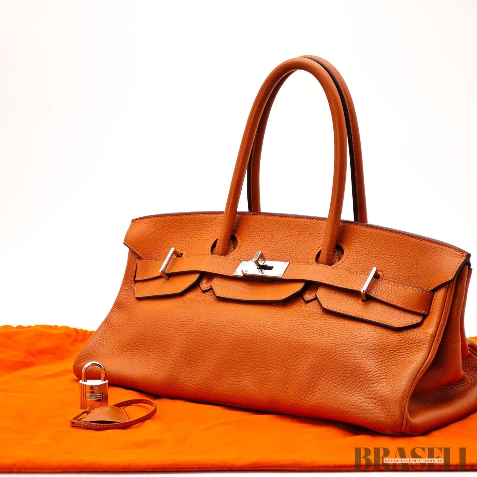 Hermes Shoulder Birkin 42 Taurillon Clemence Handbag Horizontal Orange silver