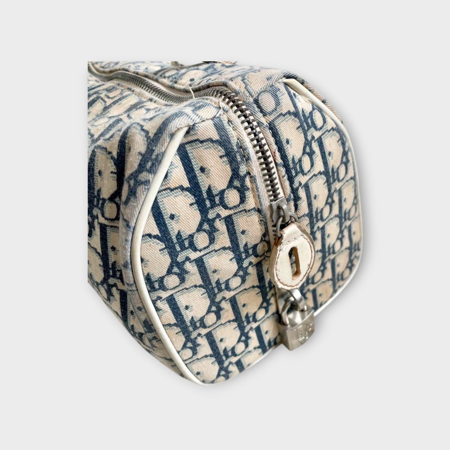 Christian Dior Trotter Flower Mini Boston Handbag Canvas Leather Navy Beige 【B】