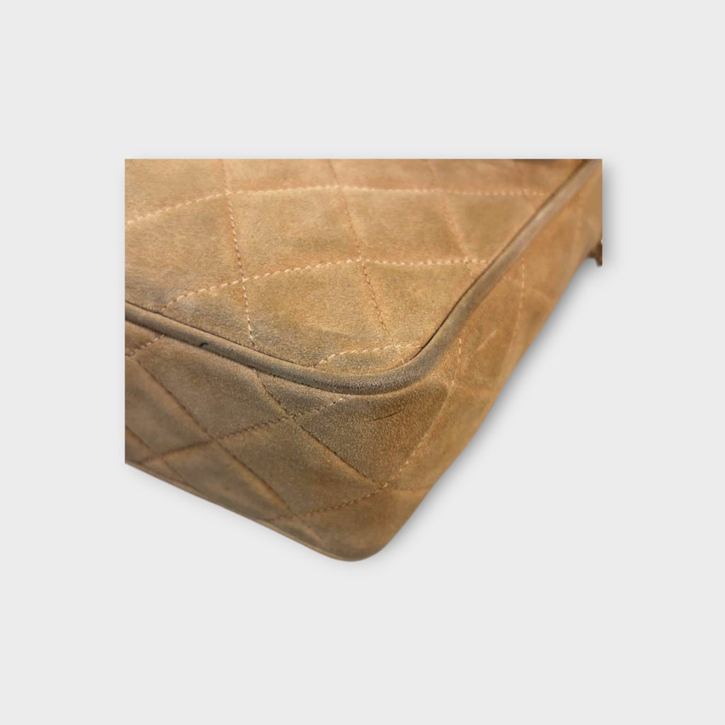 CHANEL Chain Shoulder Bag Matelassé Suede Leather Coco Mark Beige 【B】