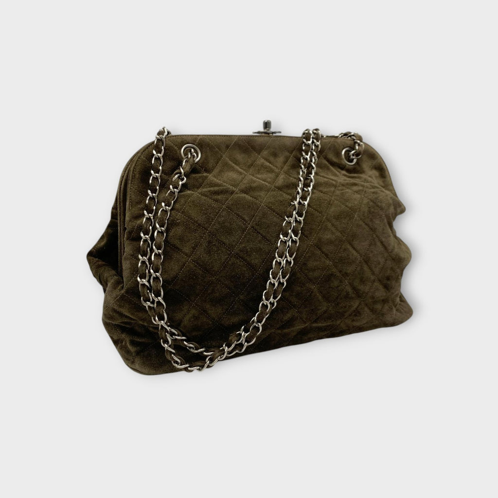 CHANEL Coco Mark Matelassé Suede Chain Shoulder Bag Brown Silver Hardware 【B】