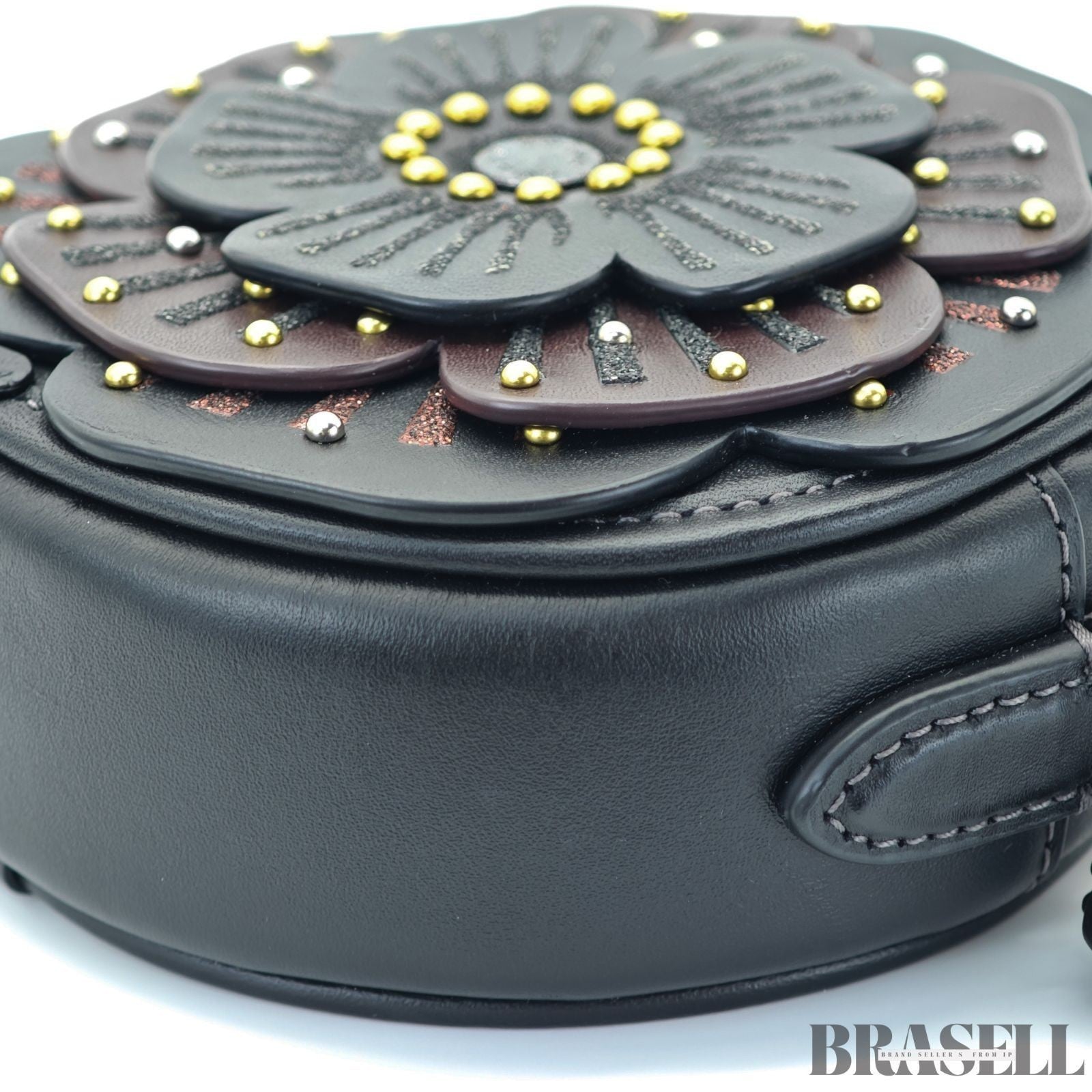 COACH Tea Rose Crossbody Bag CE782 Flower Round Shoulder Bag Black Women’s