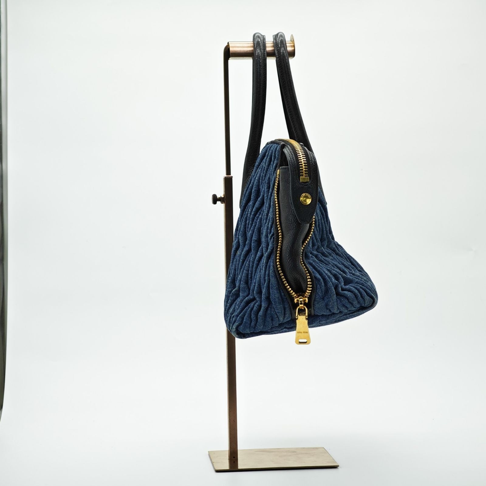 MIUMIU Matelassé Denim Canvas Handbag Horizontal Blue Men & Women