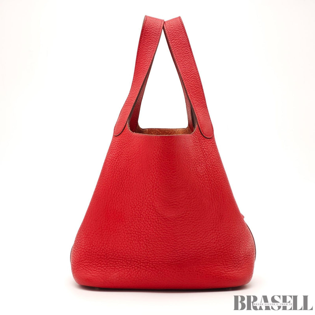 HERMES Picotin Lock MM Tote Bucket Handbag Leather Red w/ Dust Bag