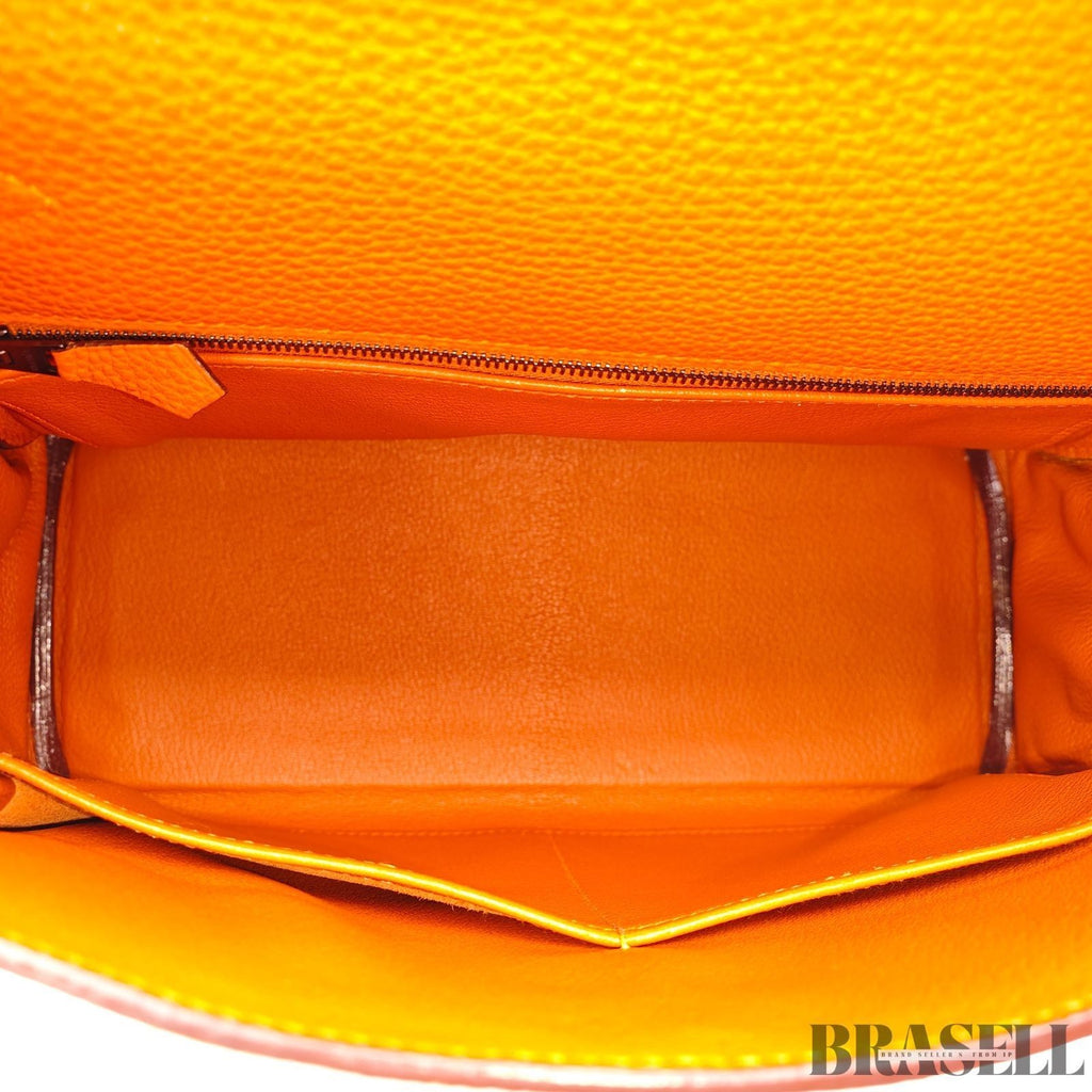 HERMES Kelly 28 Orange Silver Metal Taurillon Clemence 2way Handbag Shoulder Bag