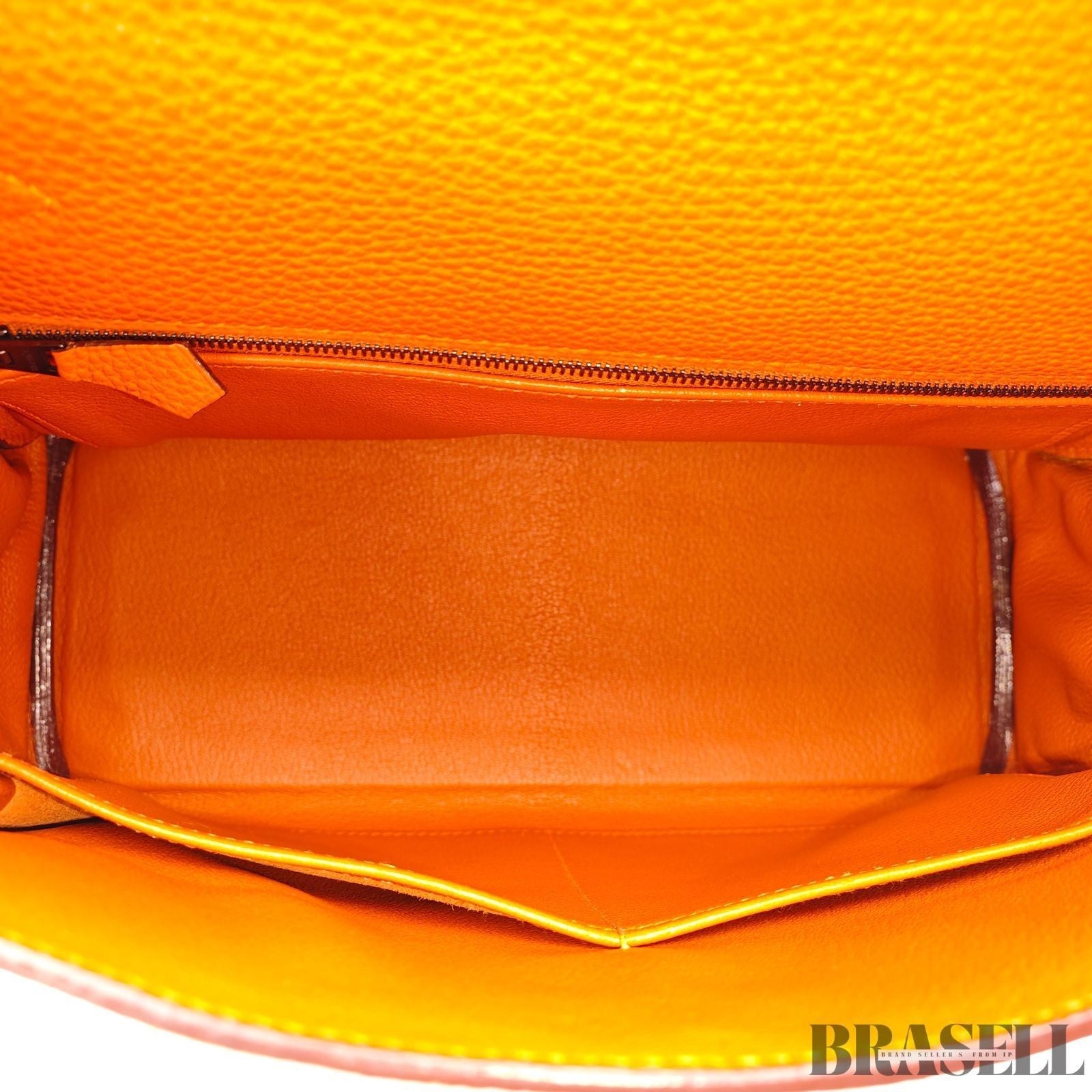 HERMES Kelly 28 Orange Silver Metal Taurillon Clemence 2way Handbag Shoulder Bag