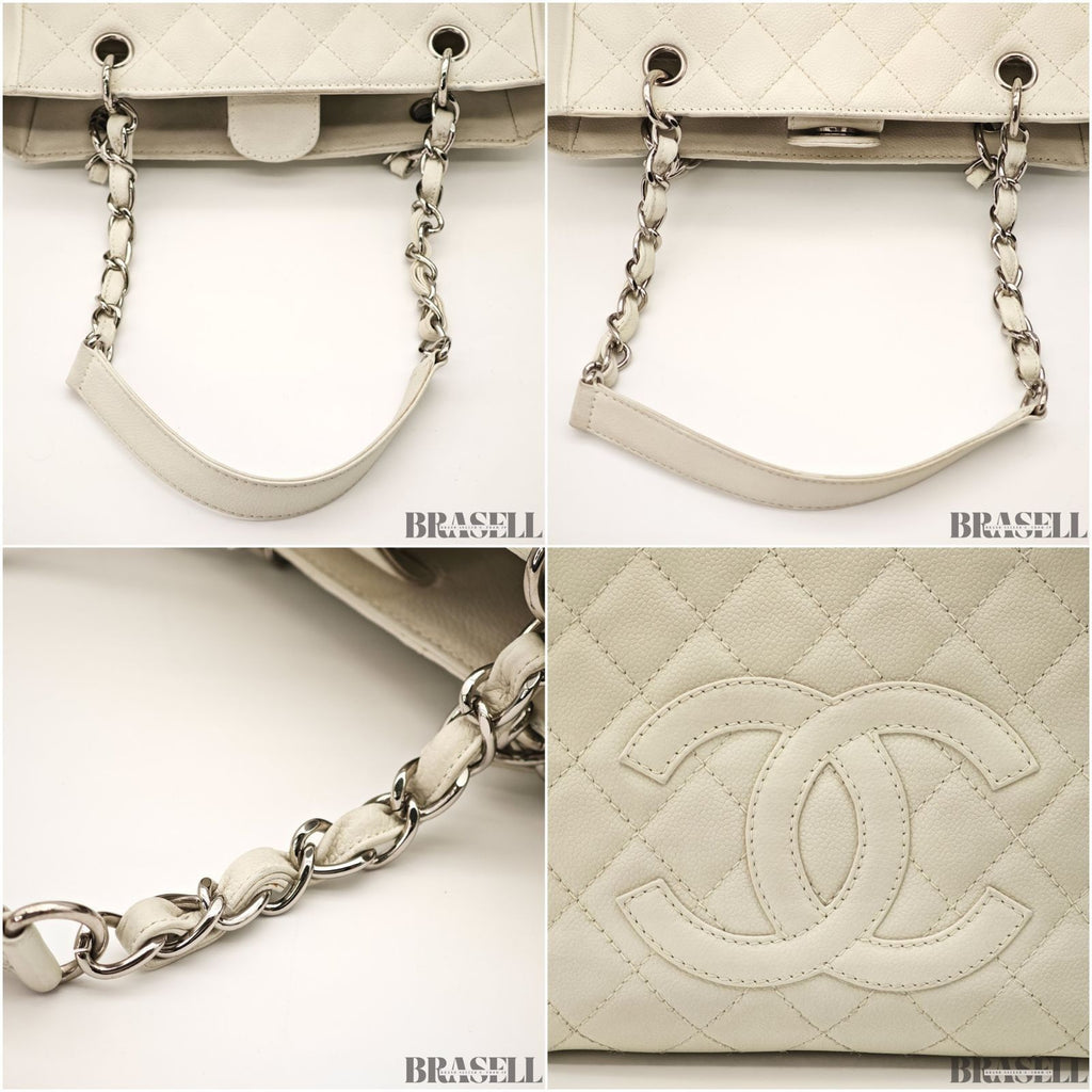 CHANEL Matelasse White Chain Tote Bag Handbag Caviar Skin w/ Box Authentic Card